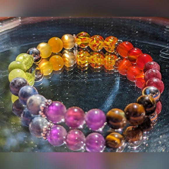 Vibrant Rainbow gemstone beaded stretch stackable bracelet 19" 7.5" - Picture 5 of 6